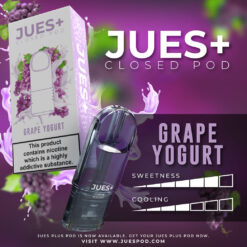 Jues Plus กลิ่น Grape Yogurt: กลิ่นองุ่นผสมกับโยเกิร์ต ที่มาพร้อมกับความหวานและความเปรี้ยว สร้างความสดชื่นและอร่อย