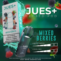 Jues Plus กลิ่น Mixed Berries: กลิ่นผสมของรสผลไม้ รวมทั้งสตรอว์เบอร์รี่, ราสป์เบอร์รี่, และบลูเบอร์รี่ เสริมด้วยความหวานและความเปรี้ยวที่น่าลอง
